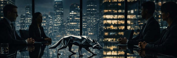Metallic wolf sculpture on a glossy boardroom table with executives seated around it and a glowing city skyline at night, symbolizing predatory competition in corporate culture.