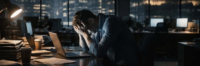 Exhausted office worker sitting at a desk late at night with head in hands as a laptop glows in a dark office overlooking a city skyline.