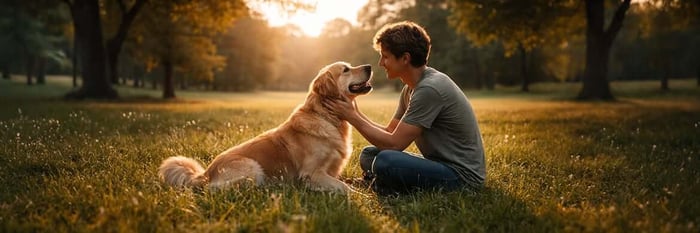 Person sitting in a sunlit field at golden hour gently holding a golden retriever’s face while they look into each other’s eyes.