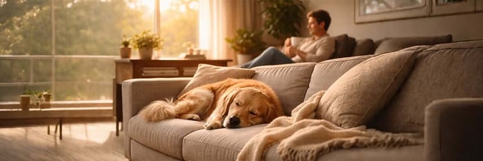 Golden retriever resting on a couch in a warm living room while a person relaxes nearby, illustrating a calm “think like a dog” alternative to hustle culture.