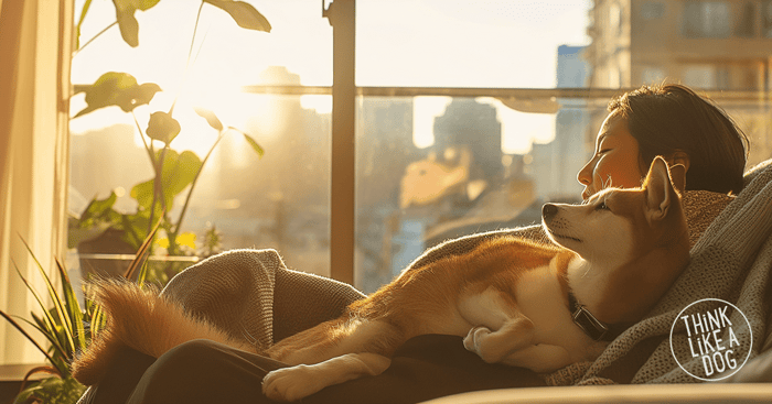 Golden-hour moment of a person unwinding in a cozy city apartment, dog curled on their chest, plants glowing in the sunlight and the THiNK LiKE A DOG logo in the corner.