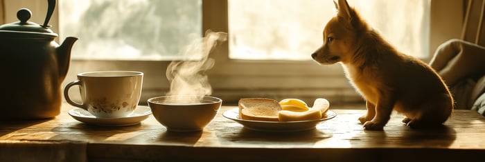 A cozy kitchen scene featuring a small dog attentively sitting by a wooden table set with a steaming bowl of broth, a teapot, and a cup of ginger tea. Next to the bowl are slices of toast and bananas on a plate, illuminated by soft golden-hour sunlight streaming through the window. This inviting moment emphasizes "Feel Better Apparel," "Dog Lover Tee," and wellness-inspired nourishment for dog moms and pet lovers seeking comfort and healing.