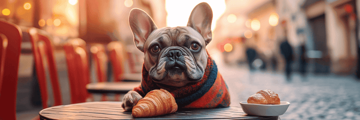 A playful French Bulldog wearing a vibrant scarf sits at an outdoor café table with a croissant in front of it. The background features a softly blurred European street scene at sunrise, with warm, glowing bokeh lights adding a cozy, inviting atmosphere. The dog gazes directly at the camera with a curious expression, embodying charm and sophistication.