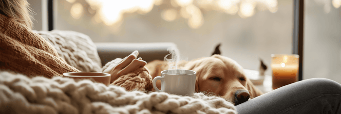 A tranquil living room scene with a person resting on a sofa, wrapped in a textured blanket, holding a steaming mug of tea. Beside them, a golden retriever sleeps peacefully, with soft natural light pouring through the window. A glowing candle adds a touch of warmth and relaxation to the setting. This image embodies "Feel Better Apparel," "Dog Mom Gift," and "Pet Parent Essentials," promoting comfort, companionship, and self-care for dog moms and pet lovers.