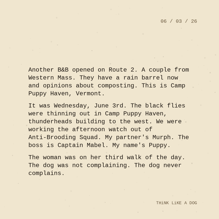 Typewriter-style note on cream paper, dated 06/03/26. Three paragraphs of monospace text reading: "Another B&B opened on Route 2. A couple from Western Mass. They have a rain barrel now and opinions about composting. This is Camp Puppy Haven, Vermont. It was Wednesday, June 3rd. The black flies were thinning out in Camp Puppy Haven, thunderheads building to the west. We were working the afternoon watch out of Anti-Brooding Squad. My partner's Murph. The boss is Captain Mabel. My name's Puppy. The woman was on her third walk of the day. The dog was not complaining. The dog never complains." Signed THiNK LiKE A DOG.
