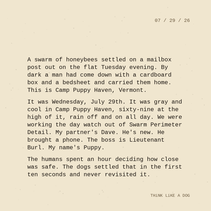 Typewriter-style note on cream paper, dated 07/29/26. Three paragraphs of monospace text reading: "A swarm of honeybees settled on a mailbox post out on the flat Tuesday evening. By dark a man had come down with a cardboard box and a bedsheet and carried them home. This is Camp Puppy Haven, Vermont. It was Wednesday, July 29th. It was gray and cool in Camp Puppy Haven, sixty-nine at the high of it, rain off and on all day. We were working the day watch out of Swarm Perimeter Detail. My partner's Dave. He's new. He brought a phone. The boss is Lieutenant Burl. My name's Puppy. The humans spent an hour deciding how close was safe. The dogs settled that in the first ten seconds and never revisited it." Signed THiNK LiKE A DOG.