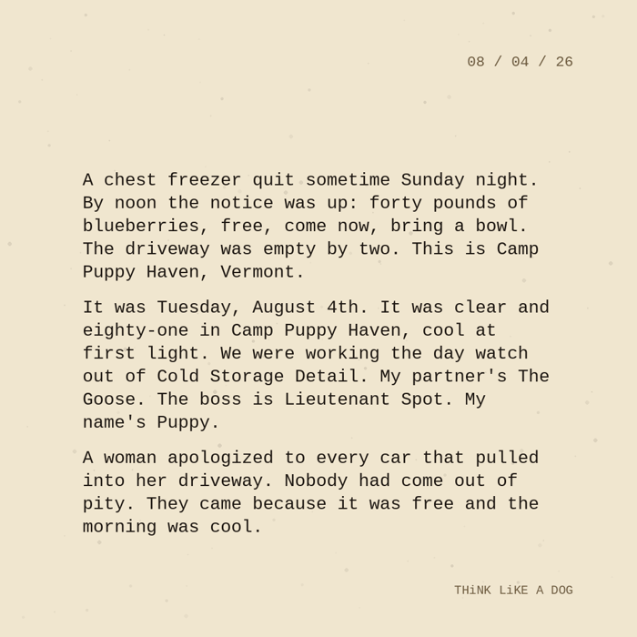 Typewriter-style note on cream paper, dated 08/04/26. Three paragraphs of monospace text reading: "A chest freezer quit sometime Sunday night. By noon the notice was up: forty pounds of blueberries, free, come now, bring a bowl. The driveway was empty by two. This is Camp Puppy Haven, Vermont. It was Tuesday, August 4th. It was clear and eighty-one in Camp Puppy Haven, cool at first light. We were working the day watch out of Cold Storage Detail. My partner's The Goose. The boss is Lieutenant Spot. My name's Puppy. A woman apologized to every car that pulled into her driveway. Nobody had come out of pity. They came because it was free and the morning was cool." Signed THiNK LiKE A DOG.