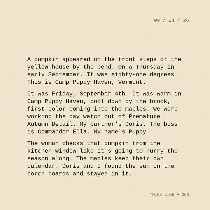 Typewriter-style note on cream paper, dated 09/04/26. Three paragraphs of monospace text reading: "A pumpkin appeared on the front steps of the yellow house by the bend. On a Thursday in early September. It was eighty-one degrees. This is Camp Puppy Haven, Vermont. It was Friday, September 4th. It was warm in Camp Puppy Haven, cool down by the brook, first color coming into the maples. We were working the day watch out of Premature Autumn Detail. My partner's Doris. The boss is Commander Ella. My name's Puppy. The woman checks that pumpkin from the kitchen window like it's going to hurry the season along. The maples keep their own calendar. Doris and I found the sun on the porch boards and stayed in it." Signed THiNK LiKE A DOG.