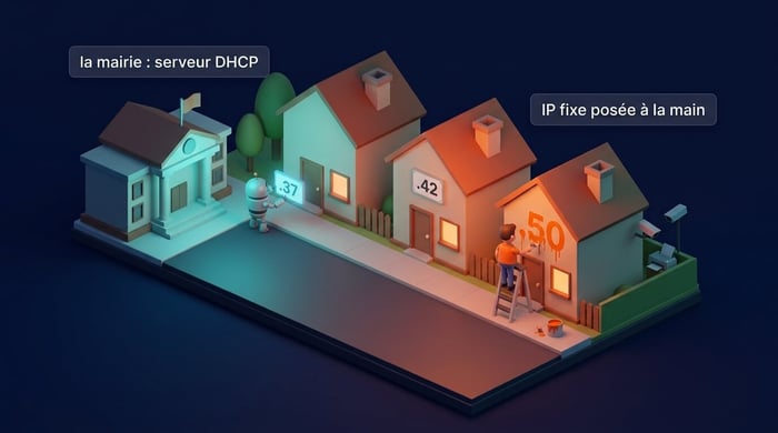 cause d'une adresse IP en conflit : la mairie (serveur DHCP) distribue les numéros, un voisin peint son IP fixe à la main