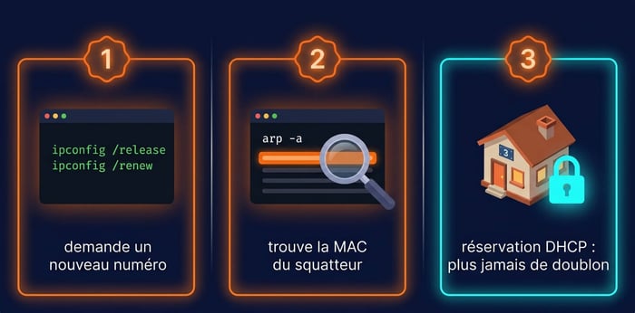 régler une adresse IP en conflit en 3 gestes : ipconfig release renew, arp -a pour trouver la MAC, réservation DHCP
