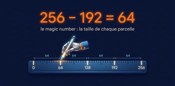 magic number en calcul de sous-réseau : 256 moins 192 égale 64, la taille de chaque parcelle