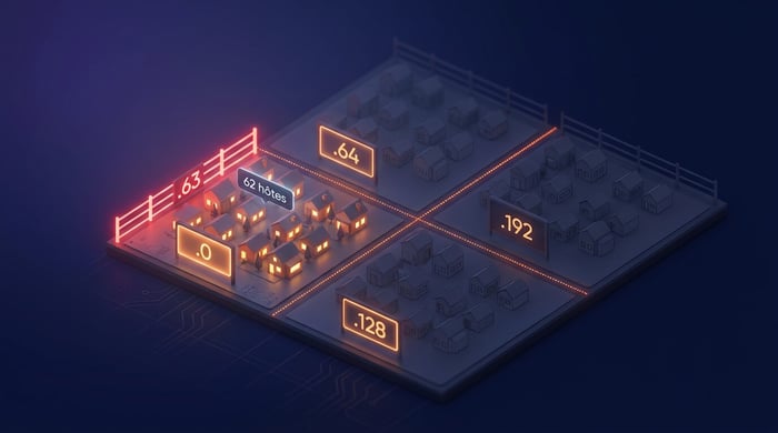 calcul sous-réseau : un réseau /24 découpé en 4 parcelles /26 avec adresse réseau et broadcast