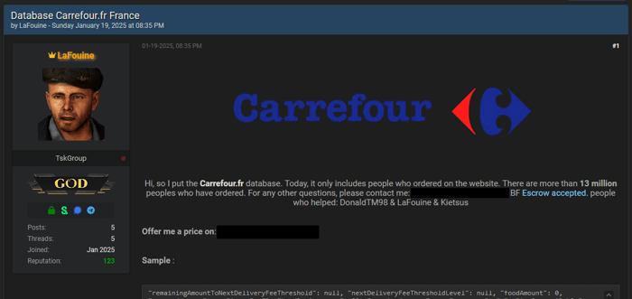 Post sur breachedforums. Mise en vente d'une base de donnees issue de la cyberattaque sur carrefour.