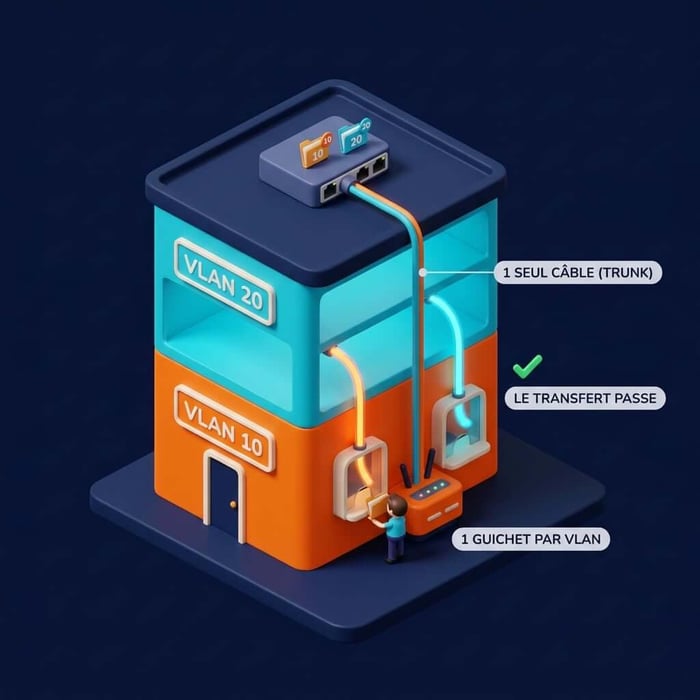 router-on-a-stick expliqué : une réception à deux guichets reliée par un seul câble trunk, qui transfère le trafic entre vlan 10 et vlan 20