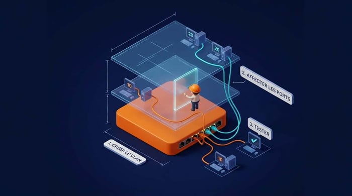 configurer un vlan étape par étape : créer le vlan, affecter les ports, tester, comme un chantier qui monte deux étages sur un même switch