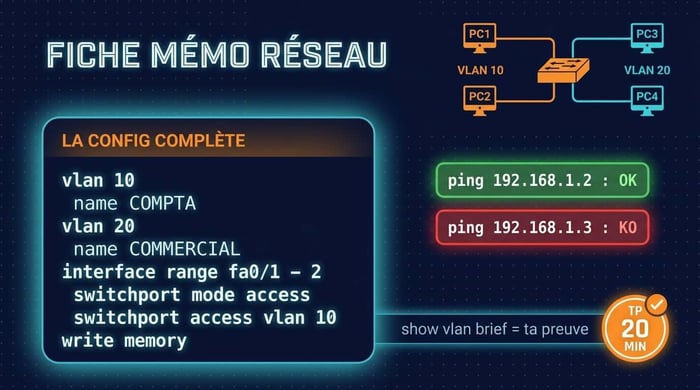 cheatsheet configurer vlan packet tracer : la config complète, write memory, et les deux pings qui prouvent l'isolation des vlans