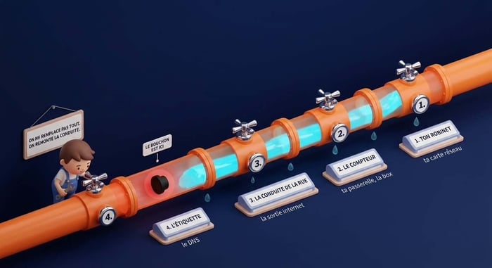 connecté mais pas d'accès internet : la connexion vue comme une tuyauterie en 4 sections, carte réseau, passerelle, sortie internet et dns, avec le bouchon localisé