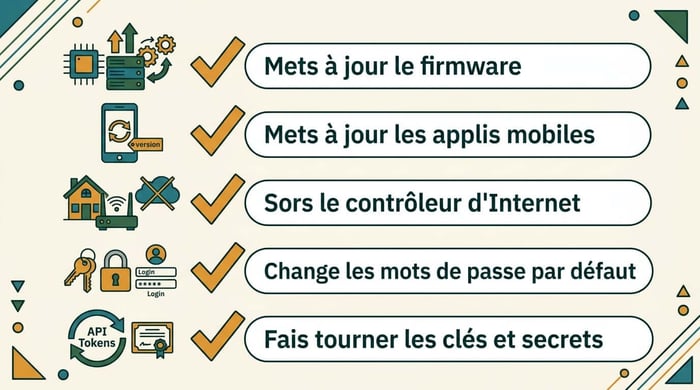 Checklist failles TP-Link Omada : mettre à jour le firmware et les applis, sortir le contrôleur d'Internet, changer les mots de passe par défaut, faire tourner les clés