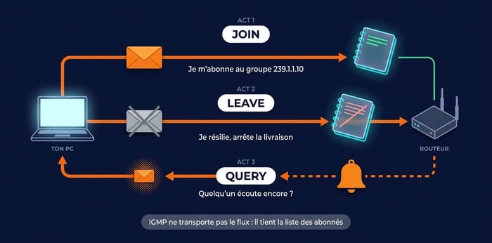 infographie igmp : les trois messages join, leave et query entre un pc et le routeur multicast