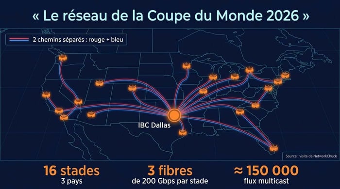 réseau multicast de la coupe du monde 2026 : 16 stades reliés à l'IBC de Dallas par des doubles chemins rouge et bleu