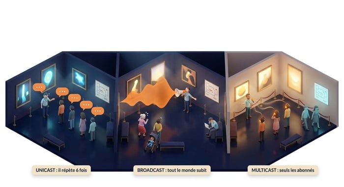 métaphore du multicast : un guide de musée parle une fois et seuls les visiteurs avec audioguide sur le bon canal reçoivent