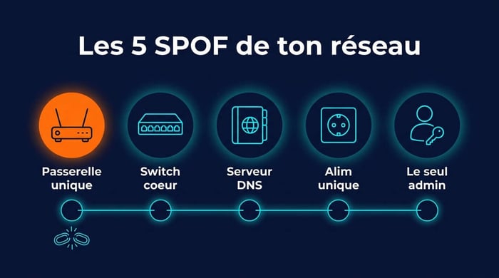 Infographie des 5 points de défaillance unique les plus courants d'un réseau : passerelle, switch coeur, DNS, alimentation, l'admin seul
