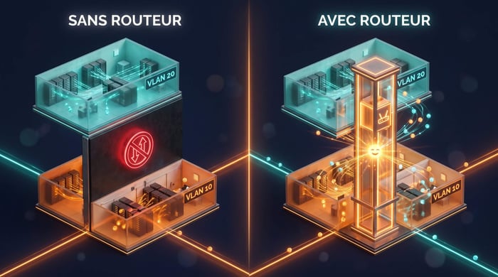 métaphore router-on-a-stick : deux étages VLAN reliés par un ascenseur routeur