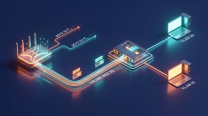 schéma router-on-a-stick : un routeur, deux sous-interfaces, un seul câble trunk 802.1Q vers le switch
