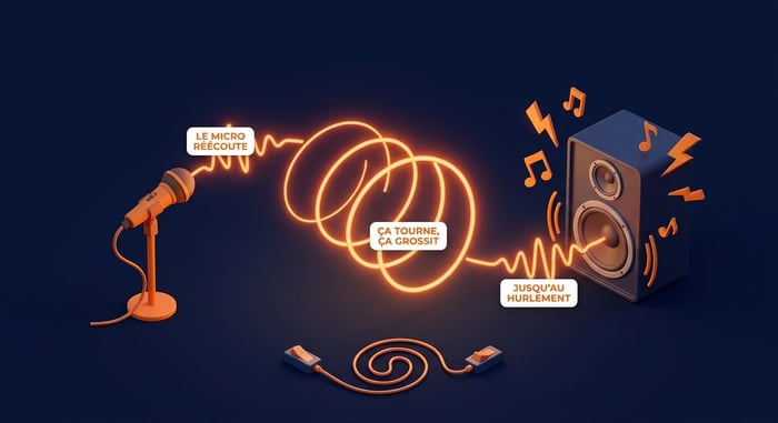 l'effet larsen expliqué : une boucle son micro-enceinte qui s'amplifie, comme une trame de broadcast qui boucle sur un réseau