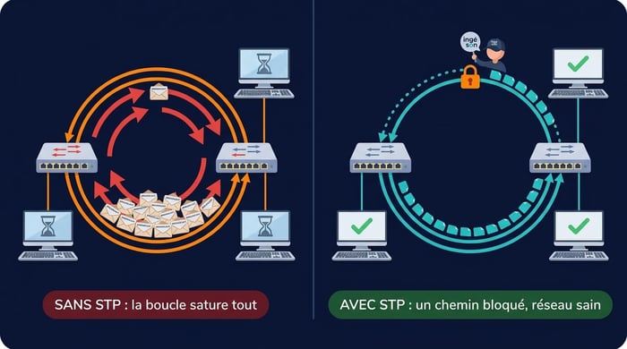 stp avant après : sans stp la boucle provoque une tempête de broadcast, avec stp un lien est bloqué et le réseau reste sain