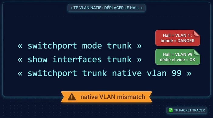 tp vlan natif : les commandes cisco pour déplacer le hall (vlan natif) hors du vlan 1 et corriger le native vlan mismatch dans packet tracer