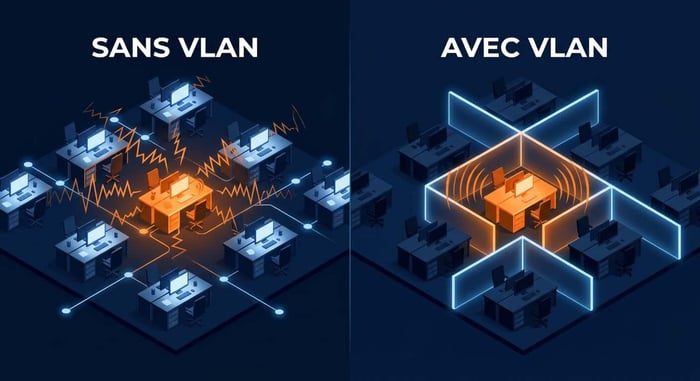 métaphore du domaine de broadcast : open space saturé sans VLAN, cloisonné avec VLAN