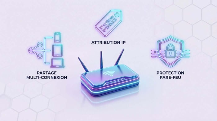 les trois rôles d'un routeur, distribuer la connexion, attribuer les adresses IP, protéger le réseau