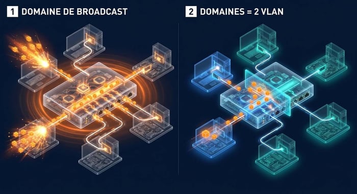schéma domaine de broadcast : un switch inonde tous les PC, puis deux VLAN isolent le trafic