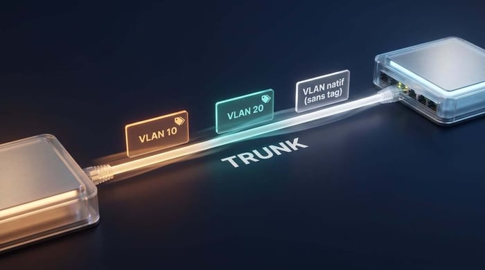 schéma trunk 802.1Q : deux switchs reliés par un câble transportant des trames VLAN étiquetées