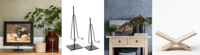 Images of metal art easels and oak book display.