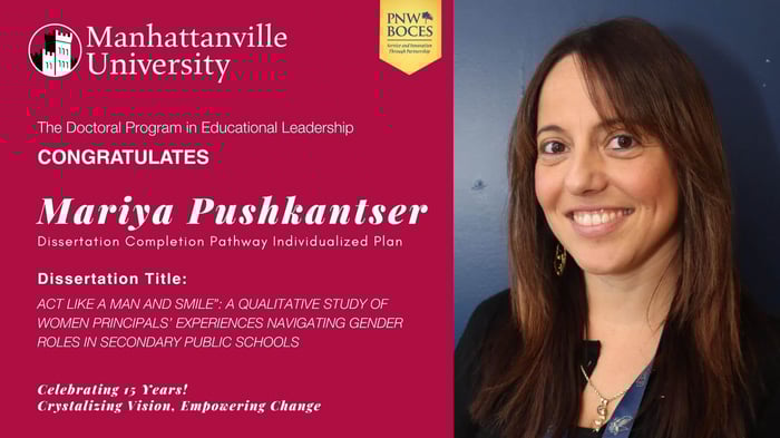 Announcement celebrating a doctoral candidate’s dissertation on women principals navigating gender roles in public schools