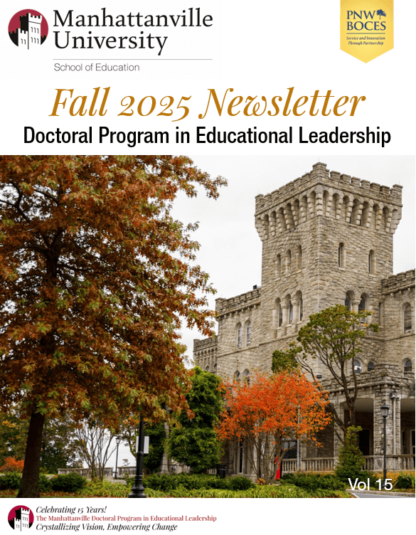 Cover of newsletter with title: Fall 2025 Newsletter, Doctoral Program in Educational Leadership Vol. 15 with image of Reid Castle with fall leaves on trees.