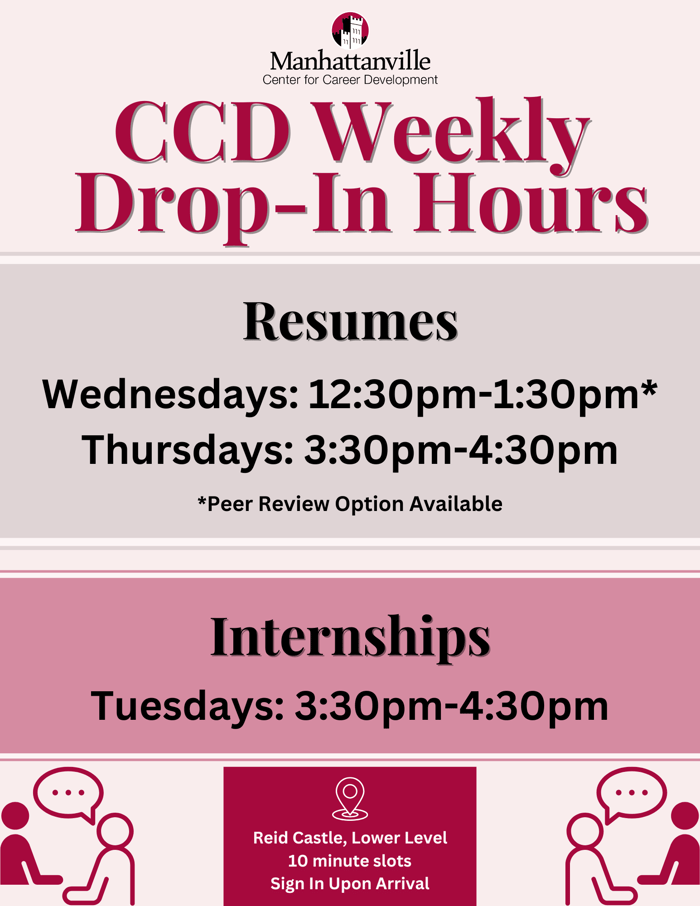 Graphic includes the text: CCD Weekly Drop-in Hours. Resumes Wednesday 12:30 - 1:30 (Peer review option available) Thursday 3:30 - 4:30. Internships Tuesdays 3:30 - 4:30 Reid Castle Lower Level 10 minute Time Slots, Sign in Upon Arrival. Color palette is maroon and pink with gray accents. There is a graphic of two people talking in the corners.