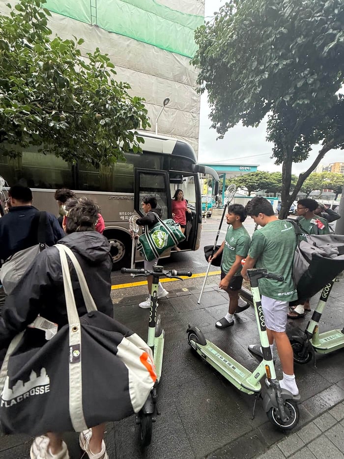 Francisco Rosas ’26 travels with Mexico’s U20 national lacrosse team outside the tournament venue in South Korea during the World Lacrosse Men’s U20 Championship.