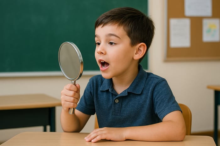 A young student speaking into a handheld mirror to improve phonemic awareness.