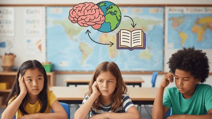 Three children sitting in classroom looking frustrated