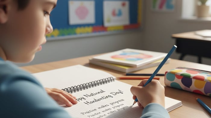 Child holding a pencil and writing in notebook