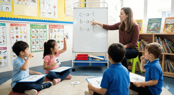 Children sit in a circle learning phonics as a teacher points to words like cat, bat, and hat on a whiteboard.