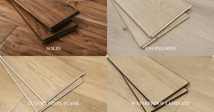 Four different types of hardwood floors displayed together to show the visual differences between solid hardwood, engineered hardwood, luxury vinyl plank, and waterproof laminate flooring
