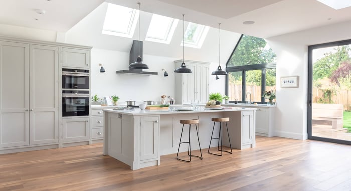 a perfect kitchen extension, kitchen extension, bespoke kitchen, white kitchen, family kitchen