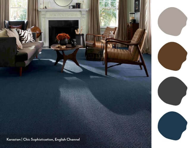 Deep carpet colors in navy, forest green, and charcoal add bold, grounding style for fall 2025 homes.
