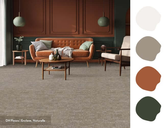 Earth tone carpet colors like terracotta, rust, and olive green bring natural fall warmth indoors.
