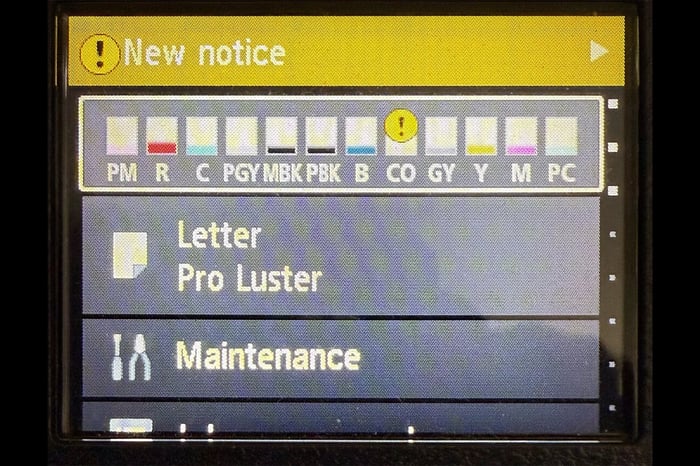 Canon Pro Series Inkjet Printer Ink Level Indicators and Low/Out Ink Warnings