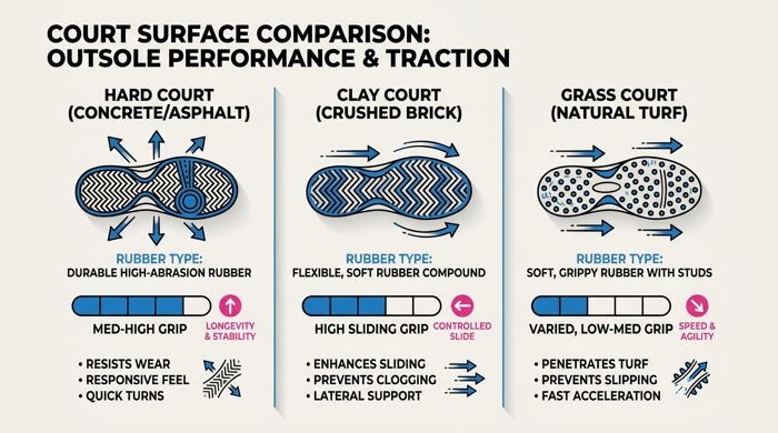 Infographic comparing three court surfaces with icons showing outsole groove patterns, rubber types, movement arrows, and simple grip-level visuals to illustrate traction differences. Clean flat design with clear headings and colored callouts for emphasis.